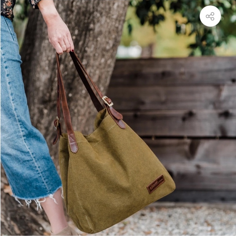 StellaReese farmers market tote Green and Brown Canvas Tote with Leather Trim